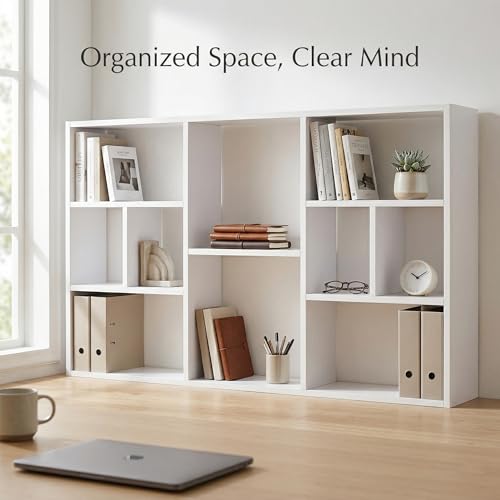 Wall Mounted Storage Shelf, Large Floating Wall Shelf with 10 Cubes, Multi-Compartment Bookcase for Living Room, Bedroom, Kitchen, Display Organizer Rack, White