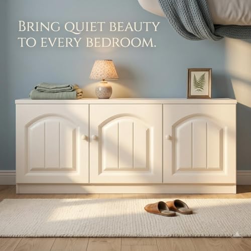 White Storage Bench Cabinet, 2-Door MDF Entryway Shoe Bench with Hidden Storage, Modern European Style Bed End Bench for Bedroom, Living Room, Balcony, 23.6 x 11.8 x 15.7 Inch