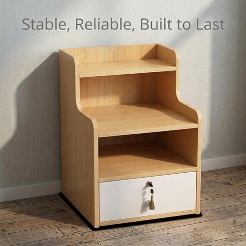 Bedside Storage Cabinet, 3-Tier Nightstand Organizer with Drawer, Multi-Functional Small Shelf Unit for Bedroom, Living Room, Office, Space Saving End Table, 21.7”H, Dark Wood