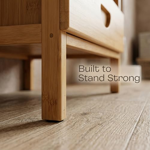 Bedside Table with Drawer and Shelf, Small Nightstand Storage Cabinet for Bedroom, Compact End Table for Small Spaces, Bamboo Look Wood Organizer, Natural Finish