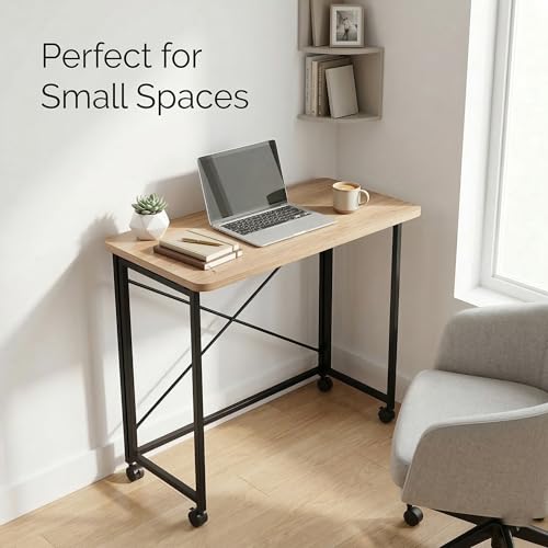Folding Desk with Wheels, 31.5'' Small Rolling Computer Desk for Small Spaces, Portable Foldable Writing Desk for Home Office, Study Table, Easy Assembly