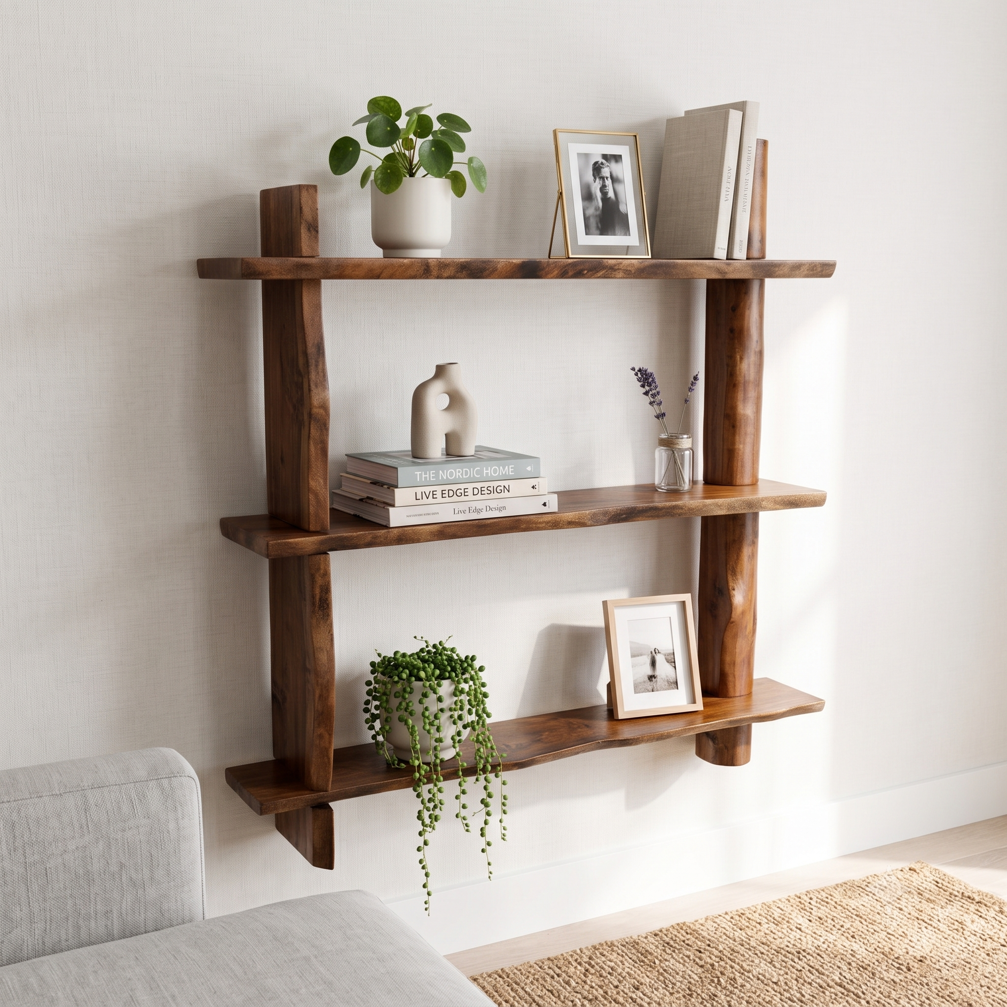 3-Tier Solid Wood Floating Shelf – 1.2 Inch Extra Thick Natural Timber Hanging Rack – Unique Rustic Wall Mounted Storage Organizer for Living Room, Bedroom & Cafe Decor