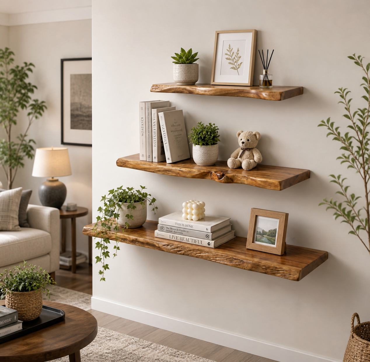 Premium Live Edge Solid Wood Floating Shelf – 1.2 in/ 3cm Thick Natural Edge Wall Mounted Shelf – Rustic Home Decor – Heavy Duty Storage for Kitchen, Bathroom & Living Room