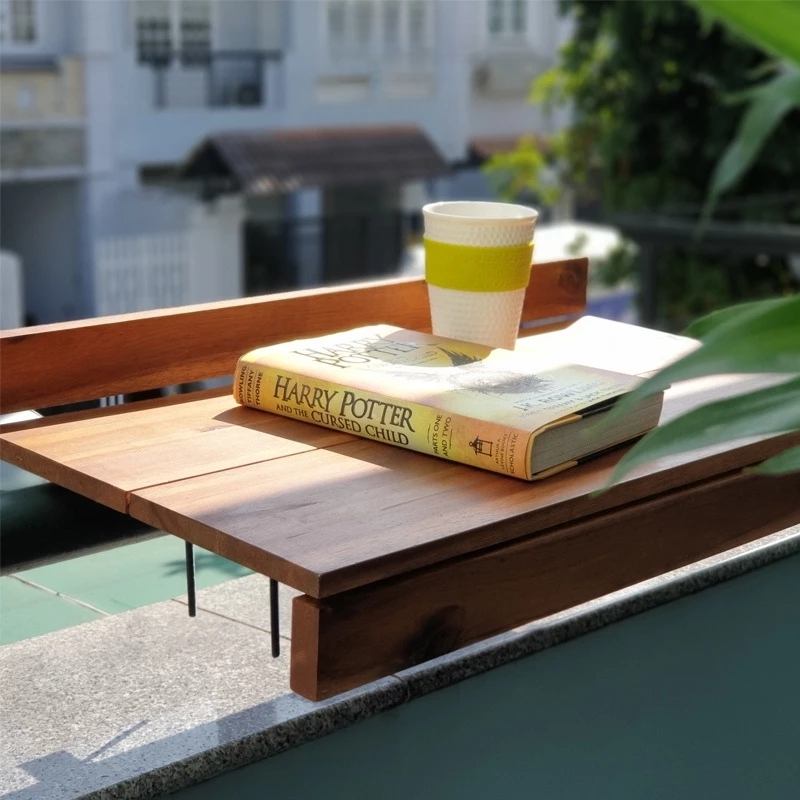 Acacia Wood Balcony Bar Table – Ultra-Stable Outdoor Railing Table – Universal Fit for Round & Flat Railings – Weather-Resistant Hanging Desk – Outdoor Bar Top for Apartment, Patio & Deck