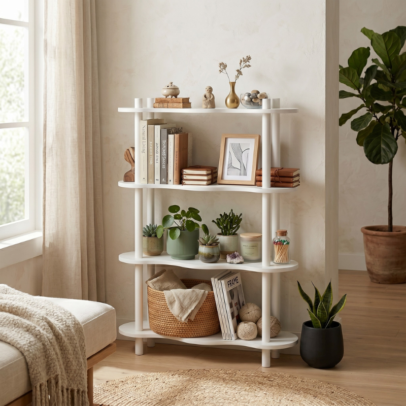 White Wavy Wood Display Shelf – 4-Tier Decorative Storage Rack with Curved Wave Design – Boho Accent Bookshelf & Plant Stand for Bedroom, Living Room & Nursery