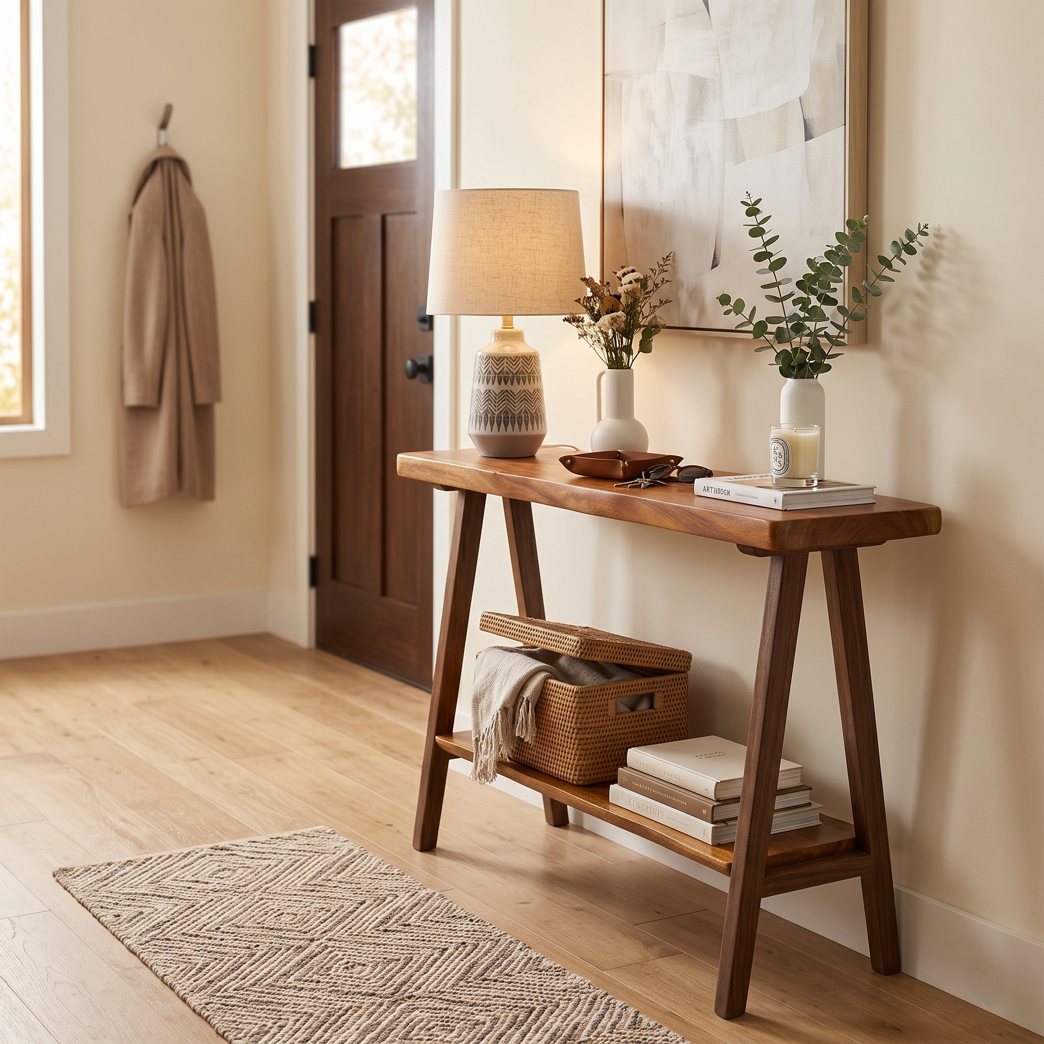 2-Inch Thick Live Edge Solid Wood Console Table – 2-Tier Entryway Table with Storage Shelf – Industrial V-Shaped Metal Legs Sofa Table for Living Room & Hallway Decor