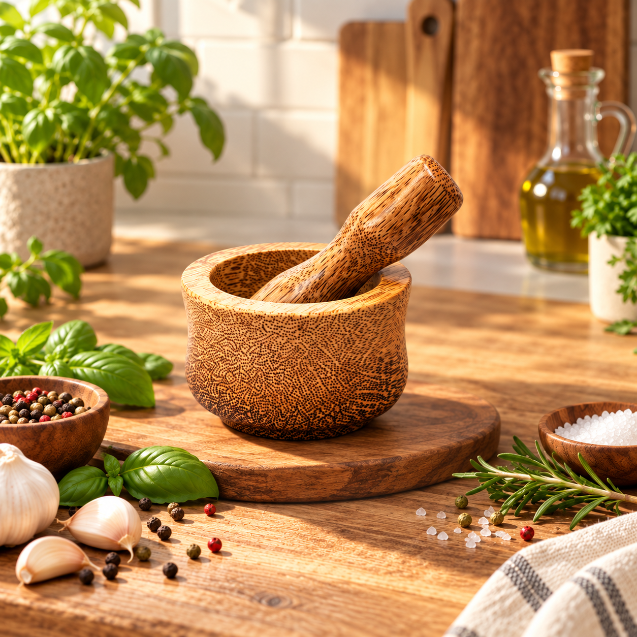 Coconut Wood Mortar and Pestle Set – Handmade Natural Herb Spice Grinder