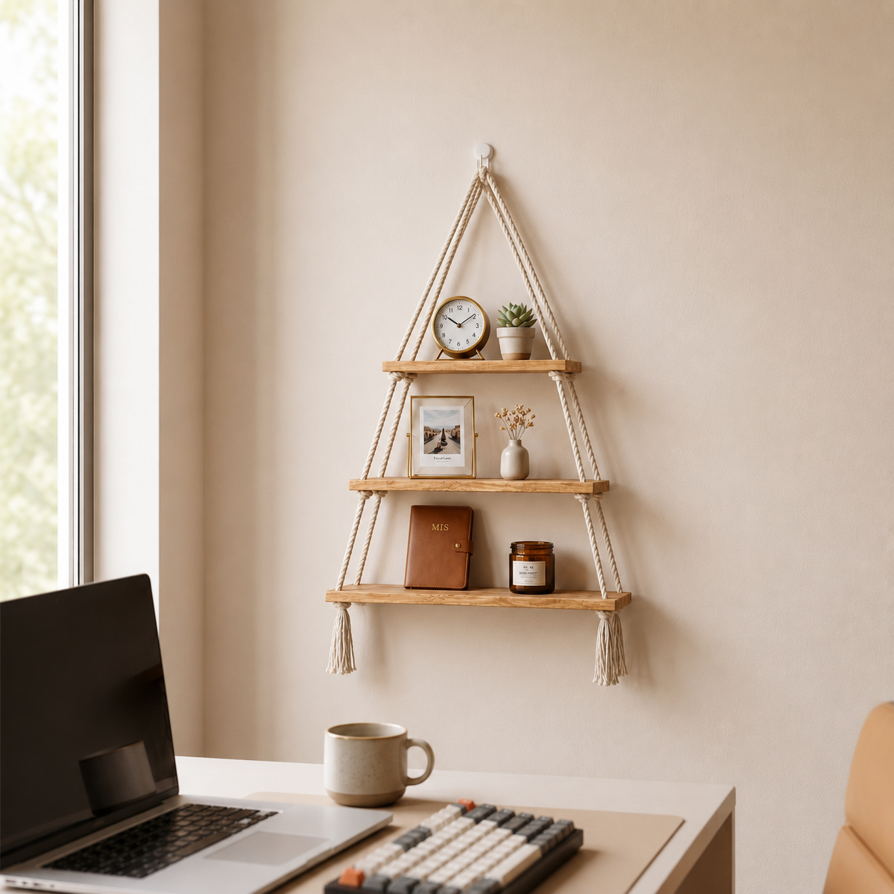 Hanging Wall Shelf – 3 Tier Handmade Cotton Rope Floating Shelves – Rustic Wood Decorative Storage Shelving for Living Room, Nursery, Bedroom & Bathroom – Display for Plants & Photos