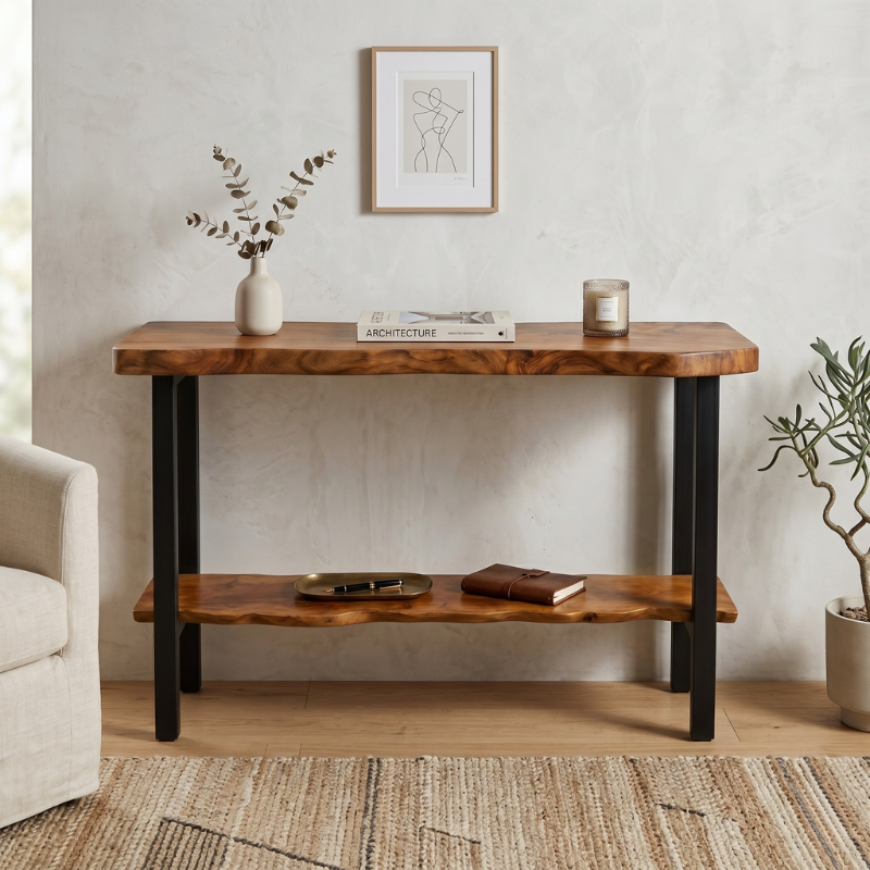 2-Tier Live Edge Solid Wood Console Table 40 Inch – 2-Inch Ultra Thick Slab Entryway Table with Storage Shelf – Modern Foyer Table with Industrial Metal Legs – Luxury Hallway & Sofa Side Table