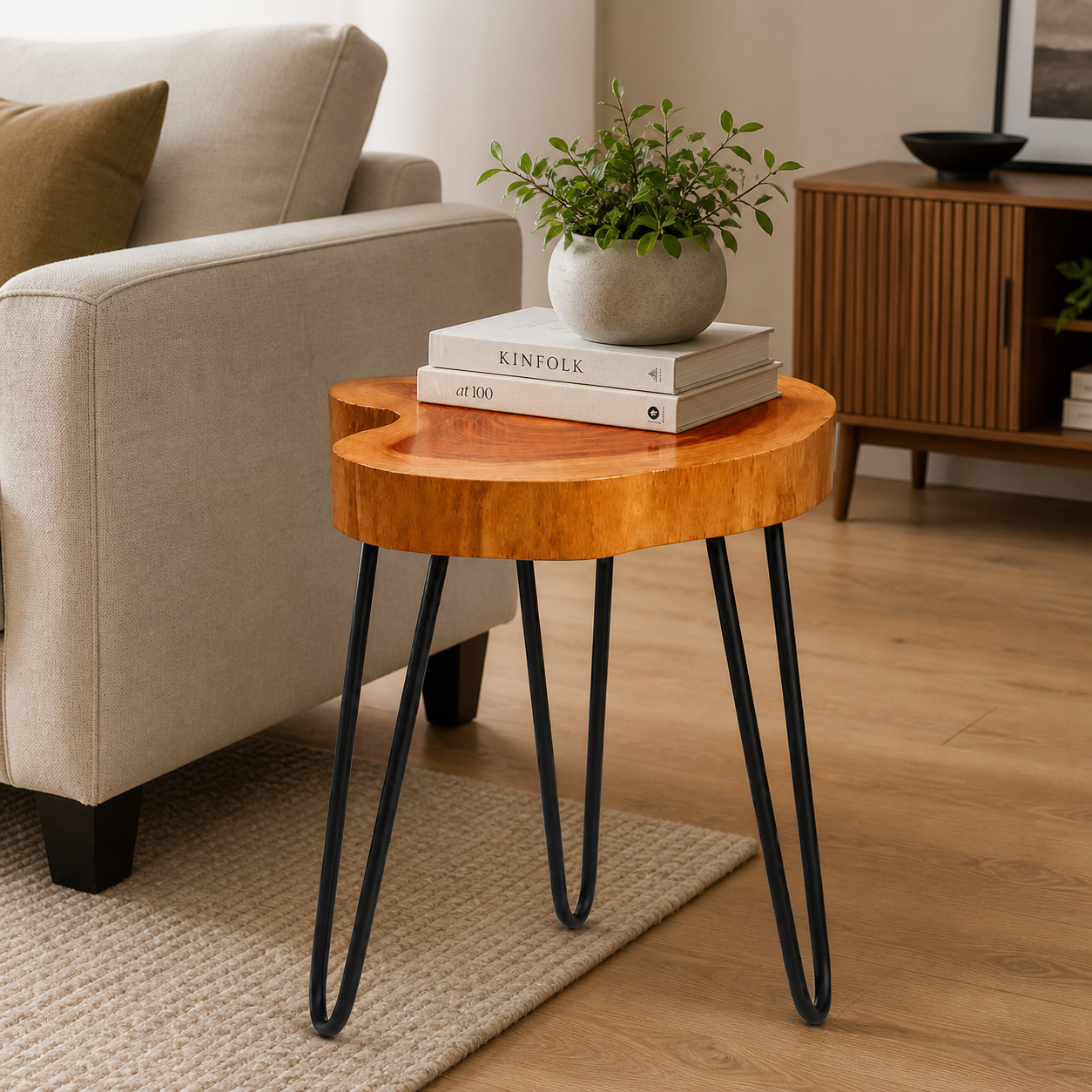 Live Edge Round Wood End Table – Solid Wood Side Table with Mid-Century Hairpin Legs – Unique Handmade Nightstand, Plant Stand for Bedroom, Living Room & Studio Decor