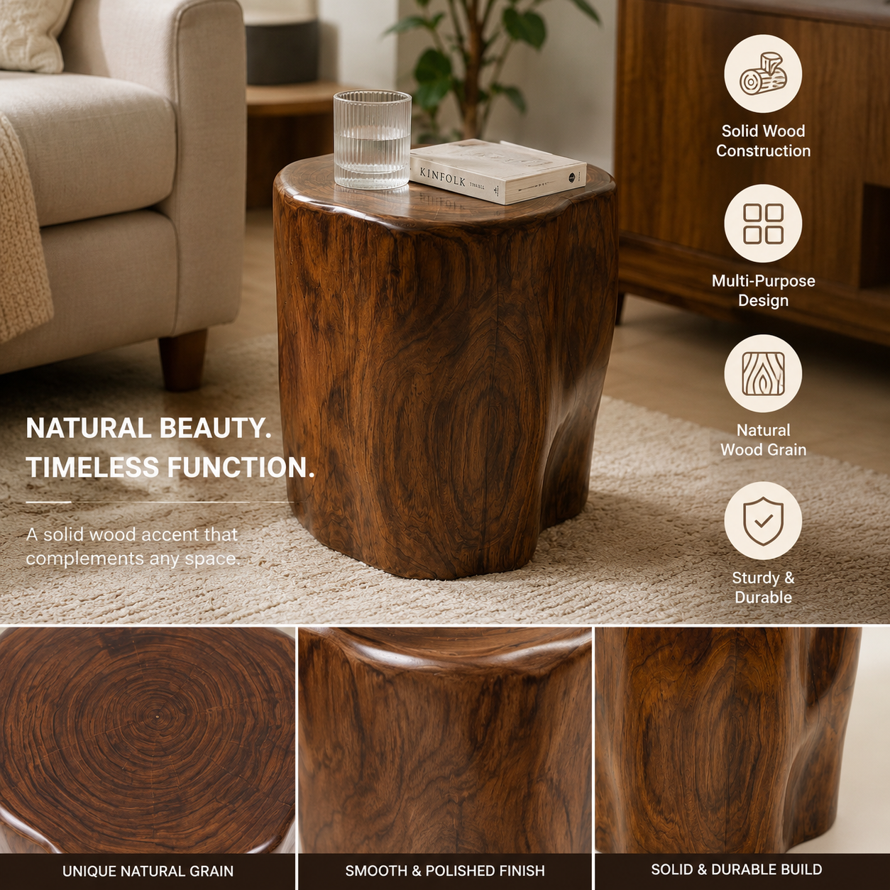 Multipurpose Solid Wood Stump Stool – Handcrafted Natural Tree Trunk Pedestal – Unique Live Edge Side Table, Plant Stand & Accent Seat – One-of-a-Kind Organic Modern Decor