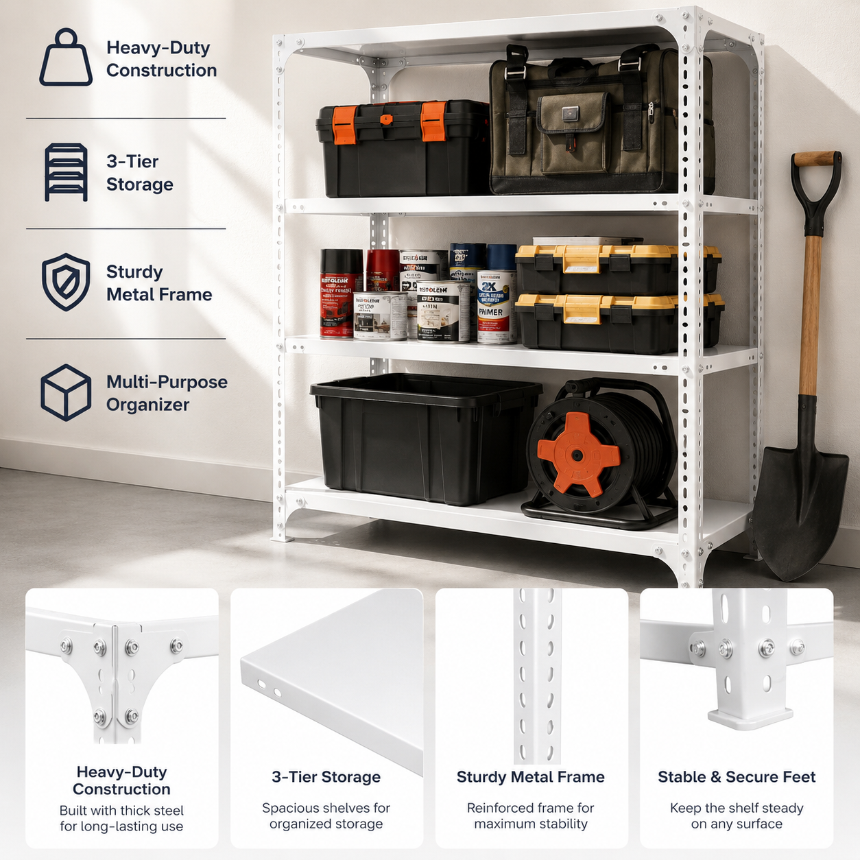 3-Tier White Heavy-Duty Metal Shelving Unit – Adjustable Steel Utility Storage Rack – Boltless Garage Organizer & Warehouse Display Shelves for Pantry, Office & Home