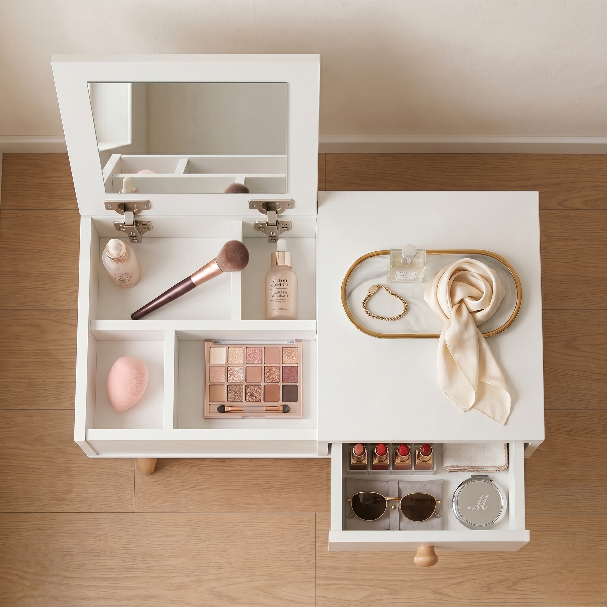 2-in-1 Floor Makeup Vanity & Nightstand – Modern Low-Profile Dressing Table with Solid Wood Legs – Compact Bedroom Storage Organizer & Bedside Tab for Small Spaces
