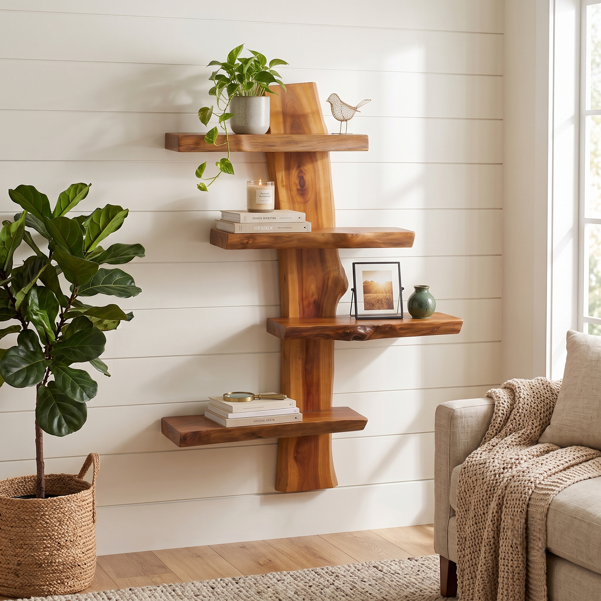 4-Tier Solid Wood Floating Wall Shelf – Multi-Layer Natural Timber Hanging Rack – Unique Decorative Storage Organizer Bookshelf for Living Room, Bedroom & Office Decor