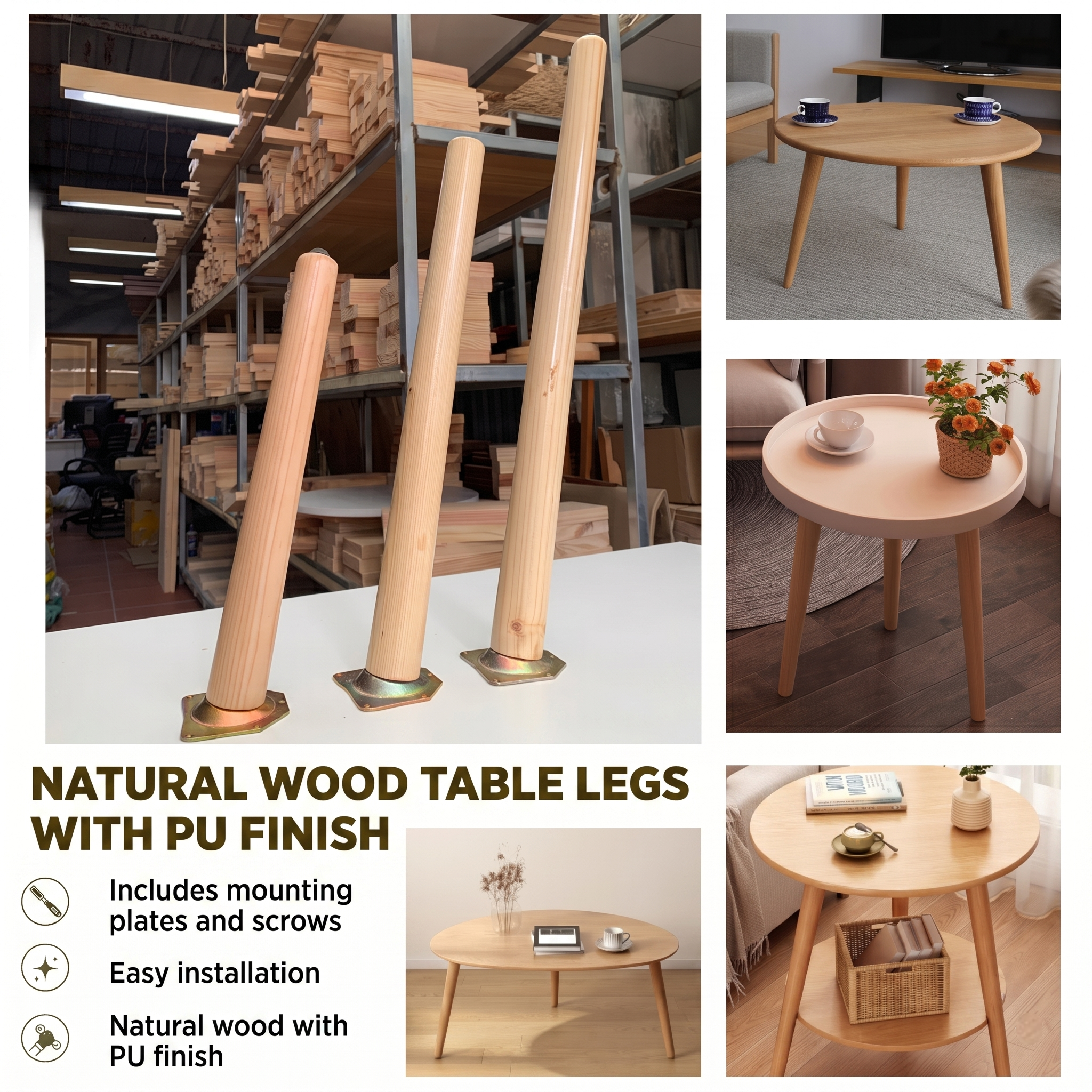 Set of 3 Solid Wood Furniture 11.8" (30cm) Legs with 15° Angled Mounting Plates – PU Coated Replacement Legs for Sofa, Coffee Table, Chair & Cabinet – Mid-Century Modern DIY Legs