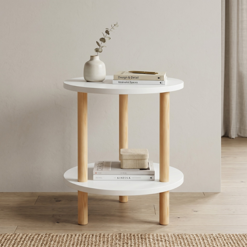 2-Tier Round End Table – Modern Wooden Nightstand for Bedroom – Versatile Sofa Side Table & Decorative Plant Display Shelf for Living Room – Easy Assembly