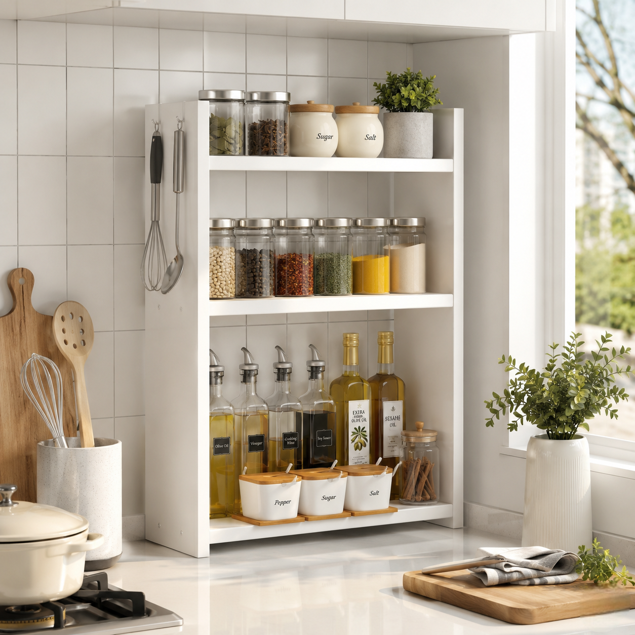 3-Tier Kitchen Spice Rack Organizer – Modern MDF Countertop Storage Shelf – Space-Saving Spice Holder & Pantry Cabinet Organizer for Seasoning Bottles, Jars & Oils, White
