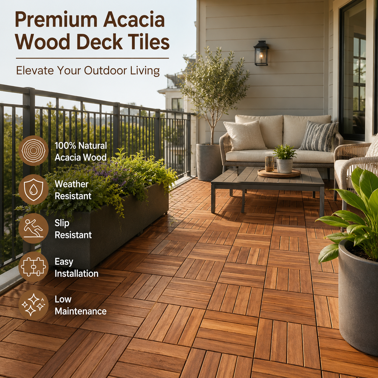 Premium Acacia Wood Deck Tiles – 12"x12"x0.9" Interlocking Patio Flooring in Golden Teak – Waterproof Crossed Pattern Wooden Pavers for Balcony, Backyard, Indoor & Outdoor