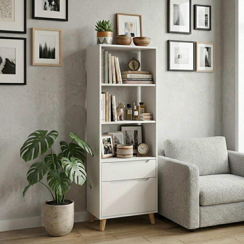 Nordic Style Floor Bookshelf with Storage Drawer – Multi-Tier Modern Bookcase for Living Room & Office – Durable Melamine Coated MDF Wood Shelf – Scratch-Resistant & Easy Assembly