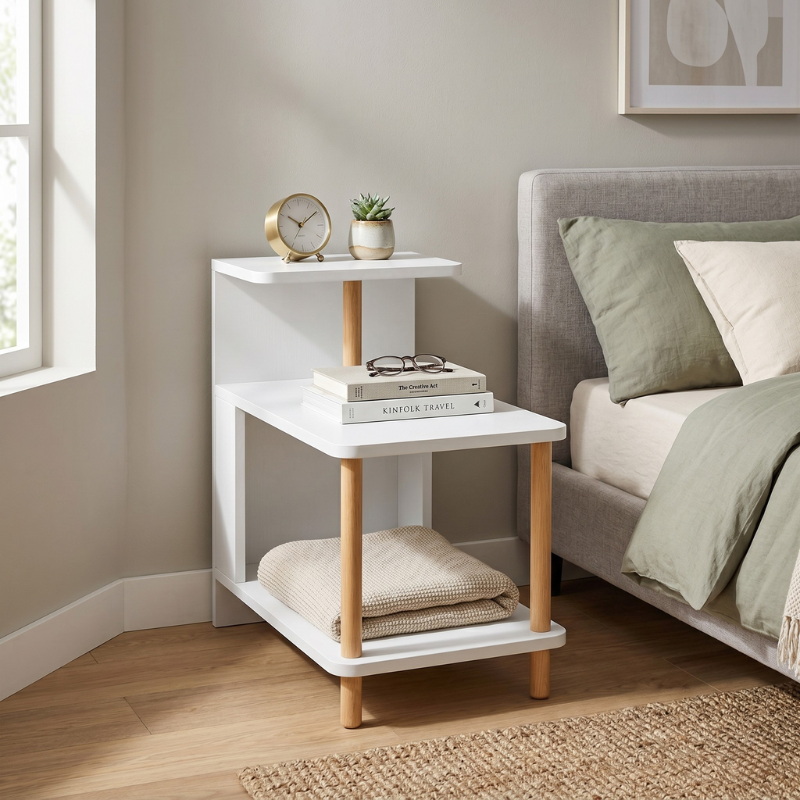 Modern White 3-Tier Nightstand – MDF Bedside Table with Open Storage Shelves – Compact End Side Table for Bedroom, Living Room & Small Spaces – Easy Assembly - Kikbo