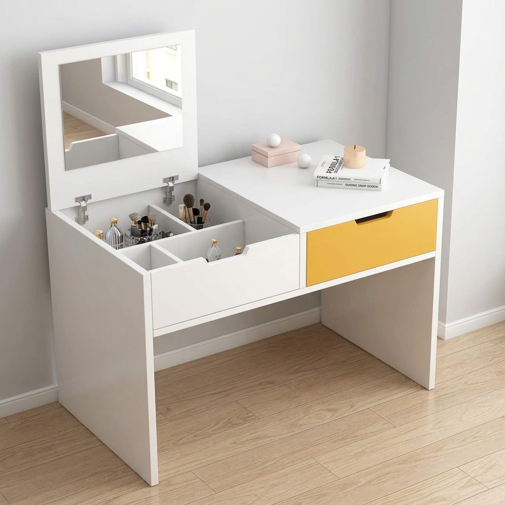 2-in-1 Floor Vanity Table & Nightstand Combo – Modern Low Profile Makeup Desk with Storage Shelf – Square Leg Bedroom Decor Organizer – Compact Dressing Table for Small Spaces