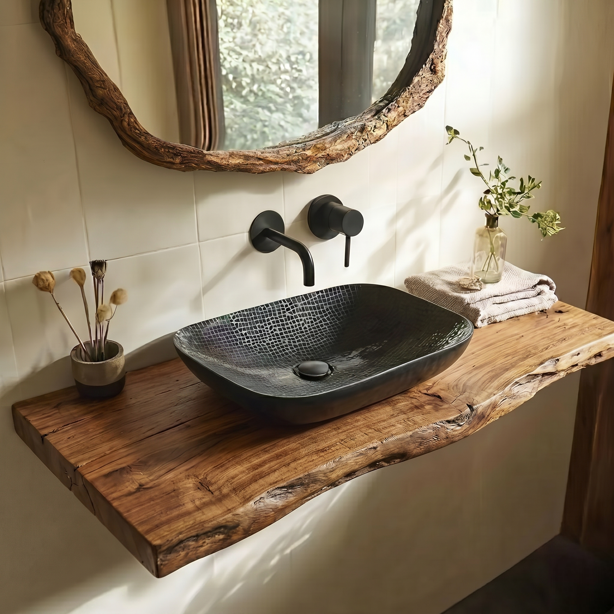 Live Edge Solid Wood Bathroom Vanity Top – 2-Inch Thick Rustic Floating Shelf for Vessels Sinks – Natural Edge Wood Slab for Lavabo & Countertops – Available in Multiple Lengths