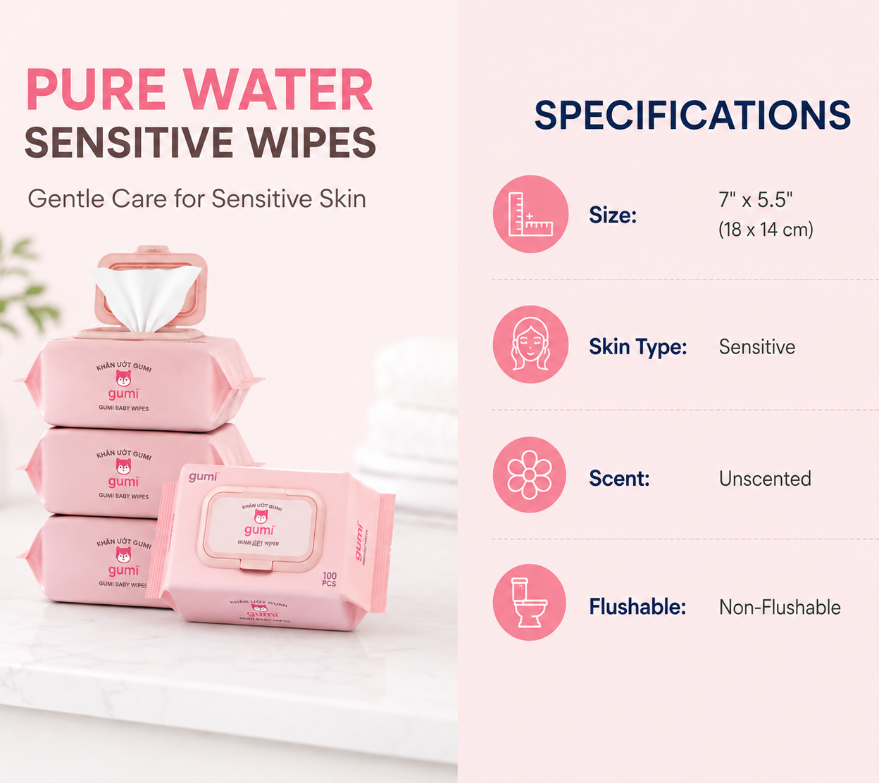 Pure Water Sensitive Wipes – Gentle Cleansing Wipes - Face, Hand