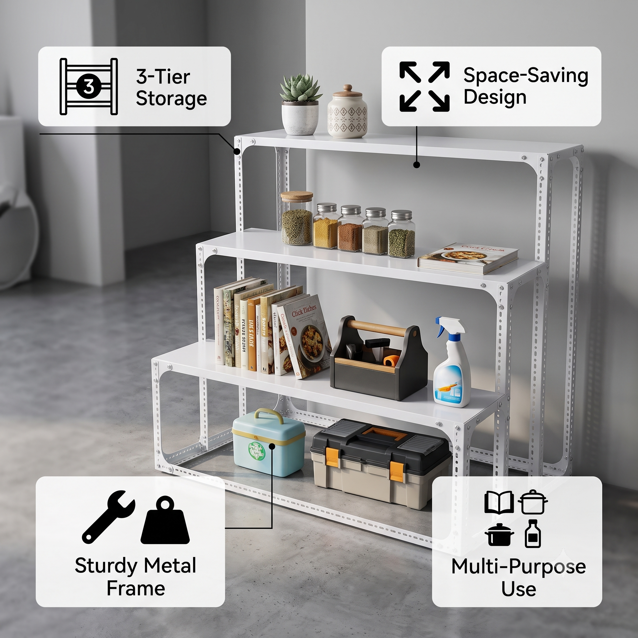 3-Tier White Step Metal Storage Rack - Heavy-Duty Powder-Coated Iron Display Shelf – Versatile Indoor Outdoor Plant Rack & Retail Merchandise Display Stand