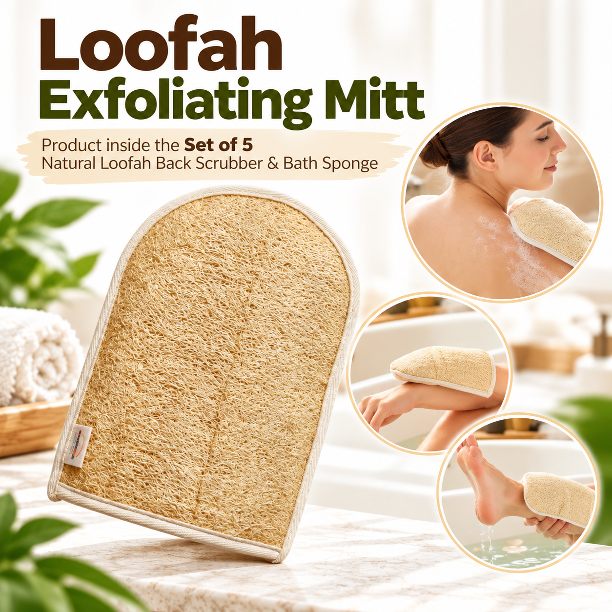 Set of 5 Natural Loofah Back Scrubber & Bath Sponge – Exfoliating Body Scrubber