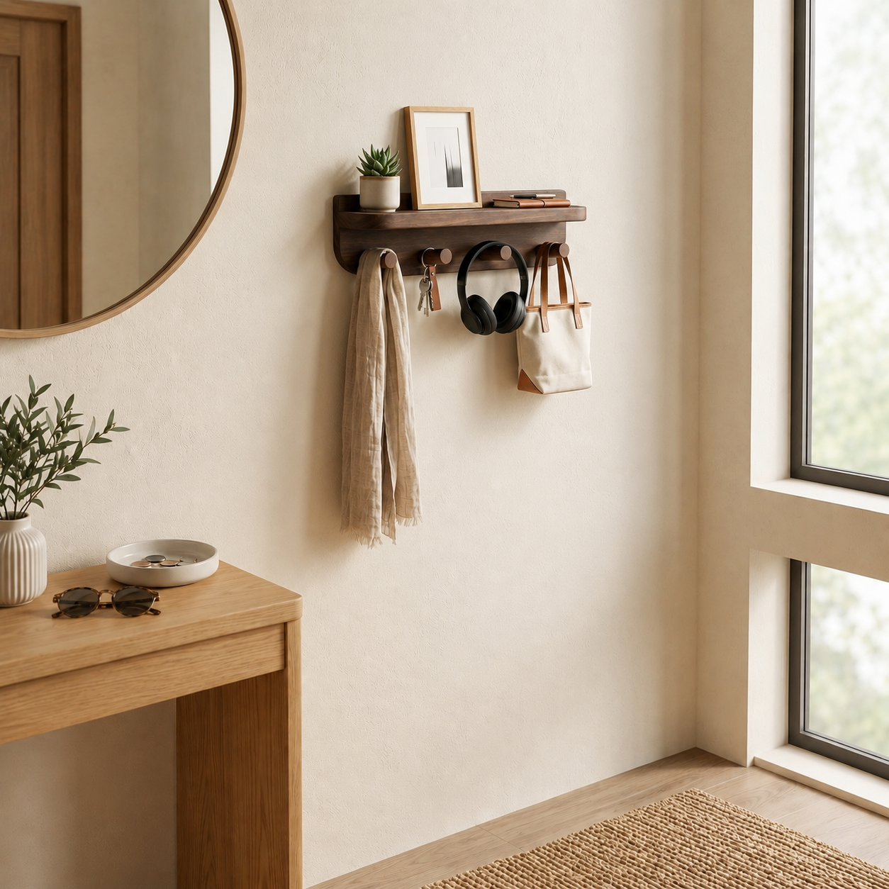 2-in-1 Wooden Wall Shelf & Hook Rack – Handcrafted Entryway Organizer – Premium Floating Shelf for Bathroom & Hallway – Heavy Duty Natural Wood Hanger for Bags & Decor