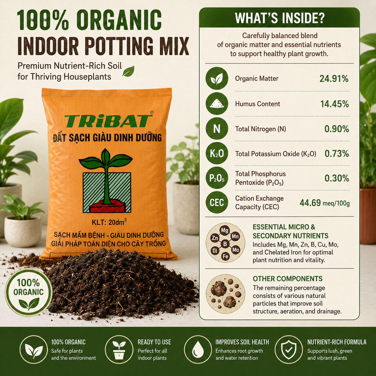 100% Organic Indoor Potting Mix (20 Quarts) – Ready to Plant Nutrient-Rich Soil for Houseplants – Fully Loaded Potting Soil with Coco Coir & Worm Castings, 22lbs bag