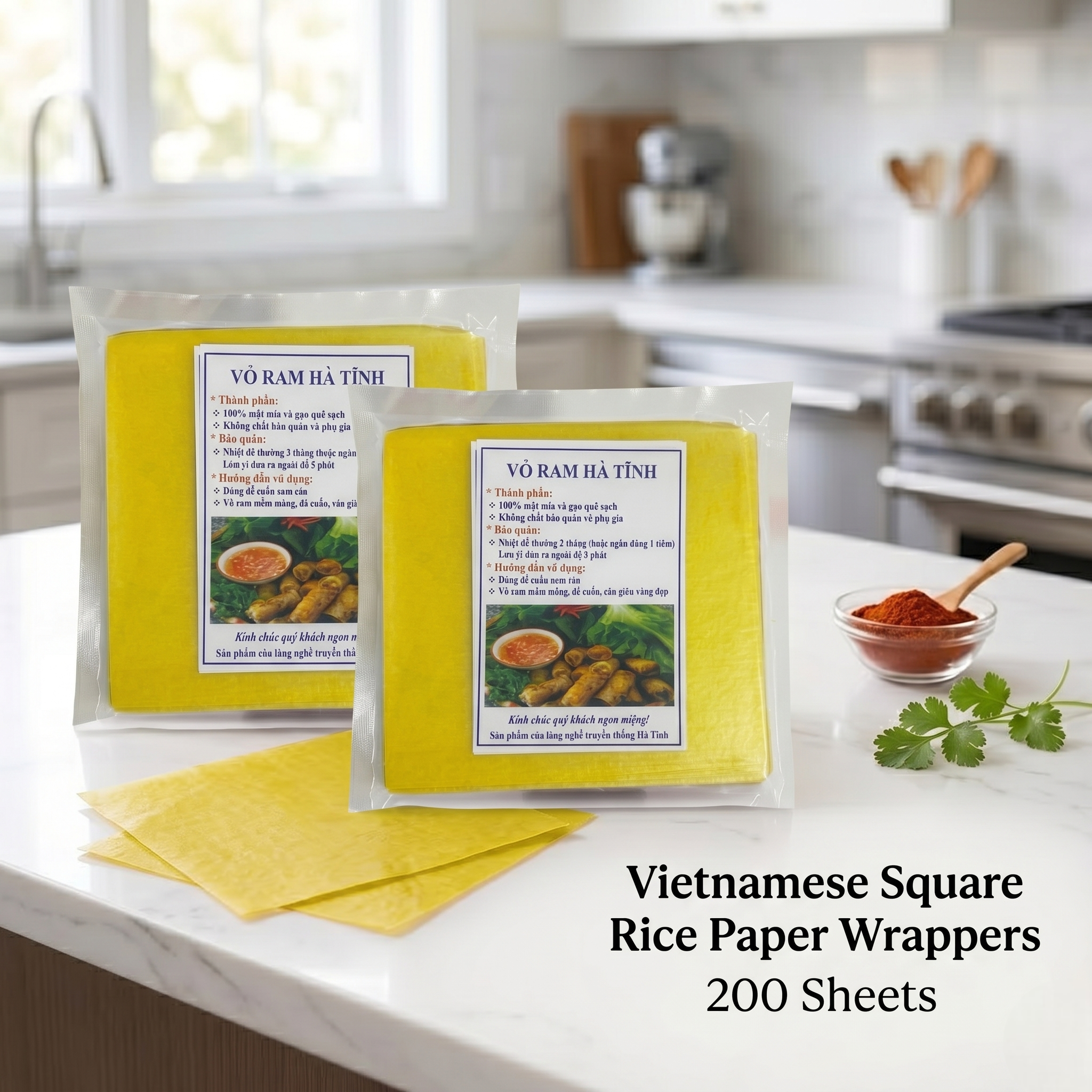 Vietnamese Square Rice Paper Wrappers – Ha Tinh Crispy Egg Roll Wrappers – Non-GMO, No Preservatives – Golden Spring Roll Wraps for Frying – Deep Fry Secret for Extra Crunch, 8.6"/ 22cm