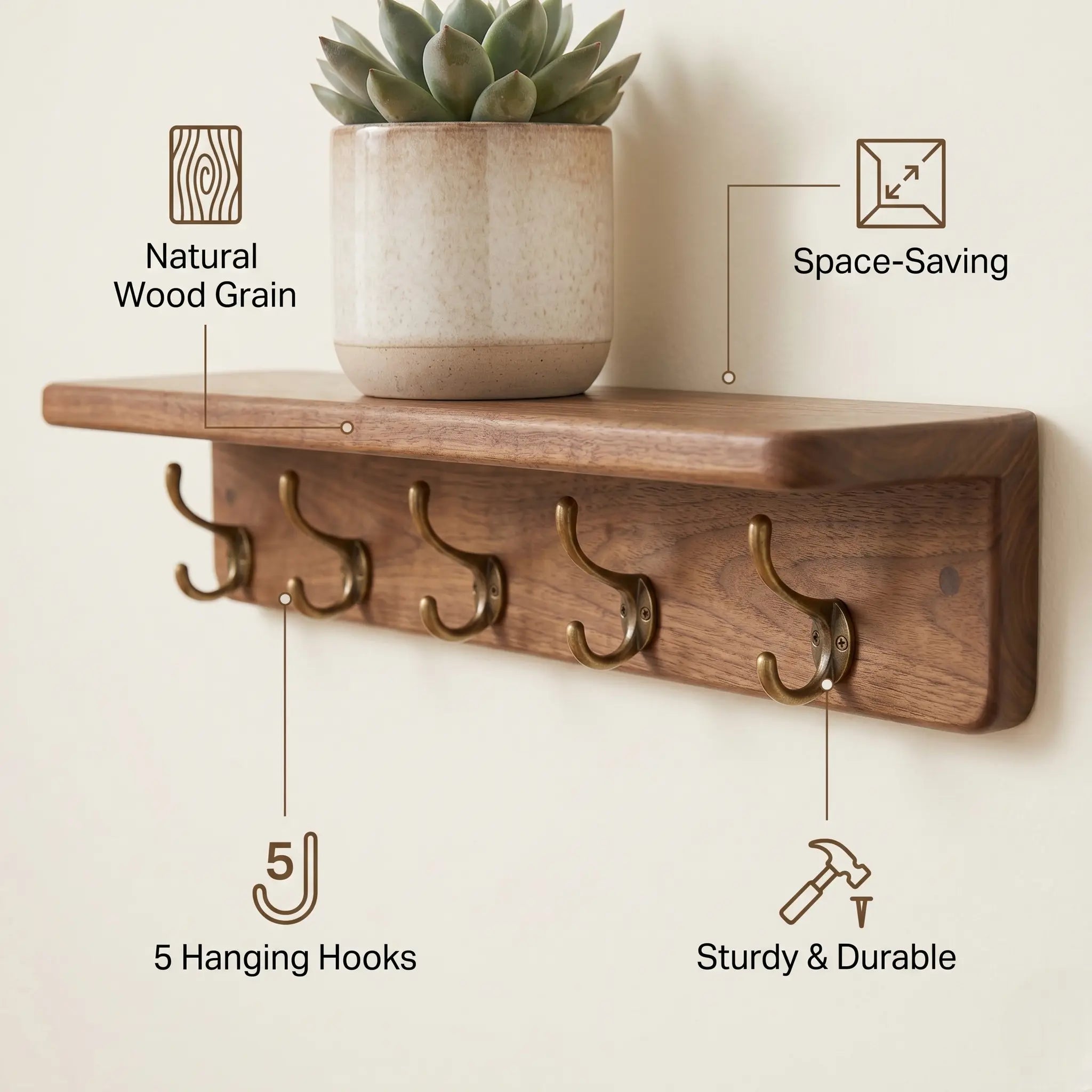 Wall Mounted Coat Rack with Storage Shelf – 31.5 Inch Solid Wood Entryway Organizer – Decorative Hanging Rail with 5 Hooks for Coats, Hats, Keys & Towels – Hallway, Bathroom & Mudroom Kikbo