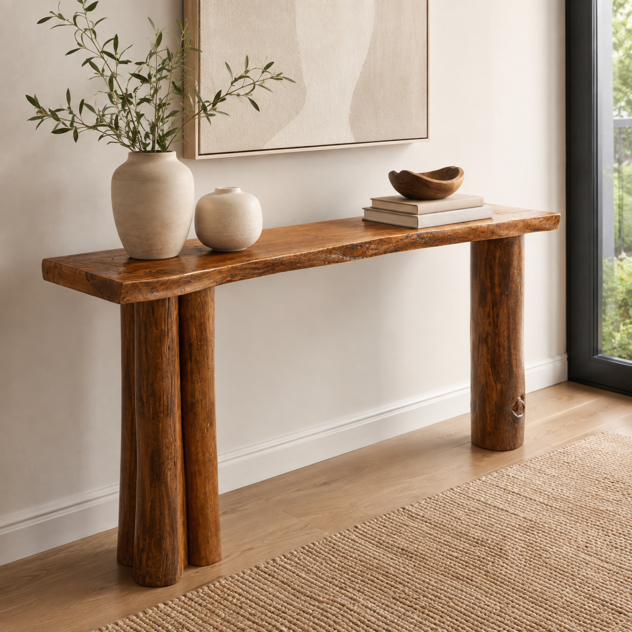 Solid Wood Console Table with Cylinder Legs – 2" Thick Slab Table