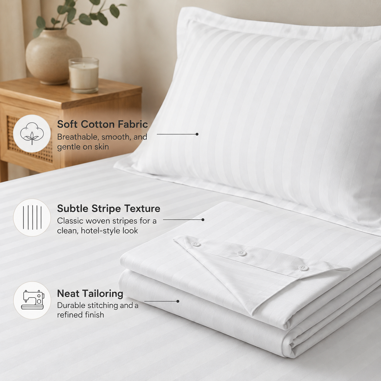 Cotton Bedding Set – 4-Piece Duvet Cover & Sheet Set, Striped White
