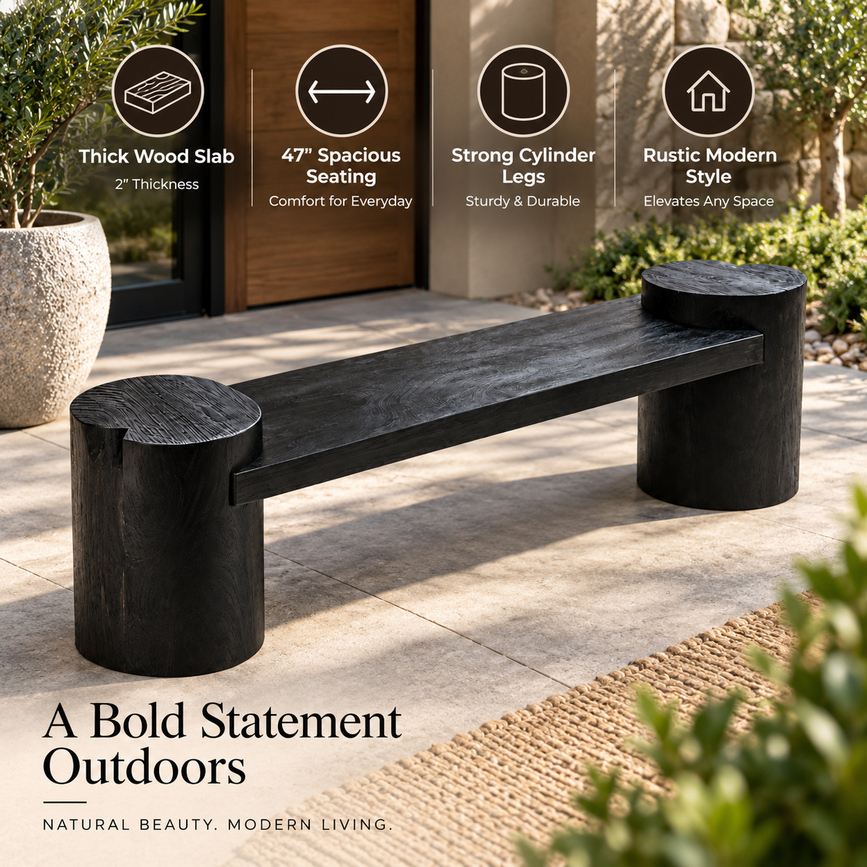 47" Black Solid Wood Bench – 2" Thick Slab Bench with Cylinder Legs