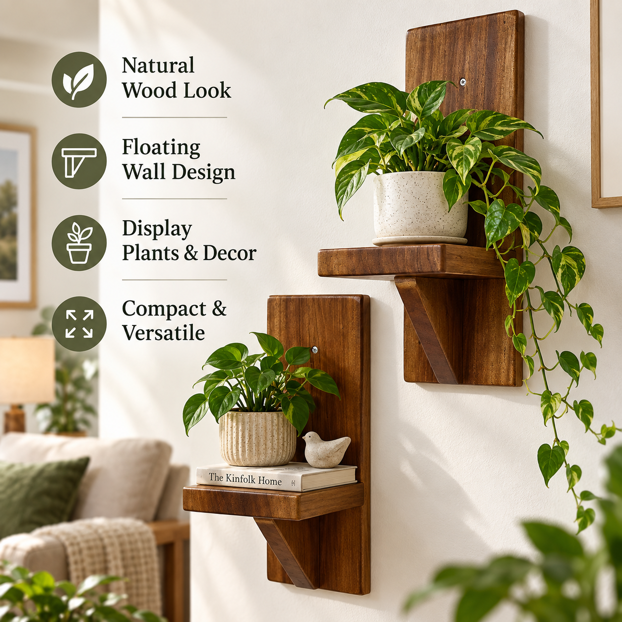 Set of 2 Wood Floating Wall Shelves – Small Rustic Decor Shelves for Plants