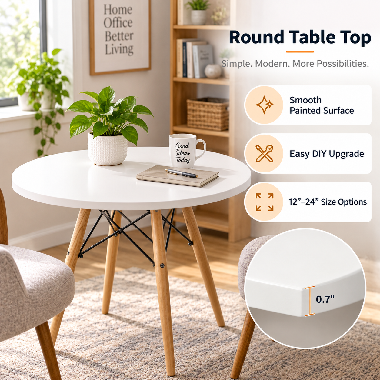 Round White MDF Table Top 0,7"– Smooth Painted DIY Replacement Desk Top