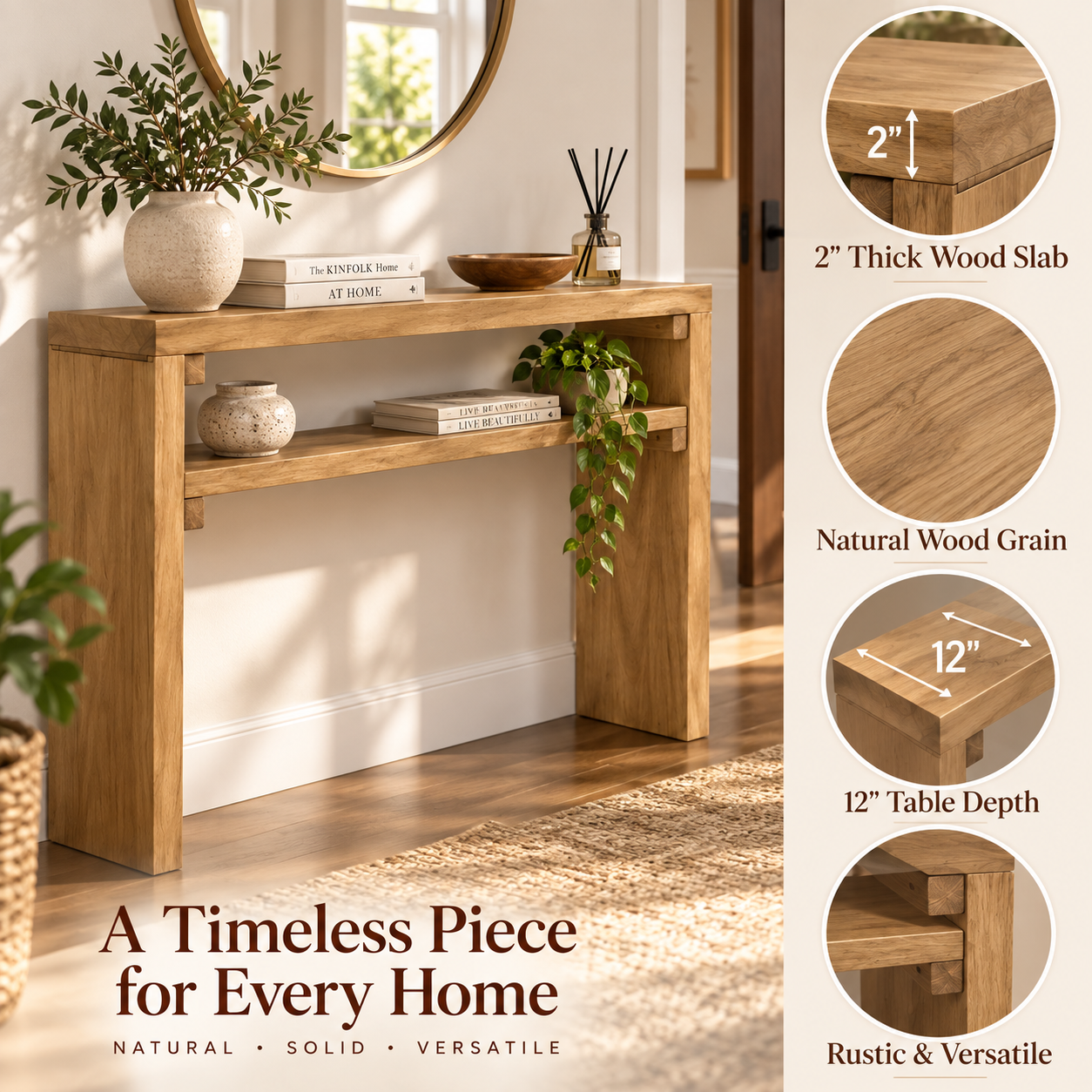 31.5" Tall Rustic Solid Wood Console Table – 2" Thick Slab Entryway Desk