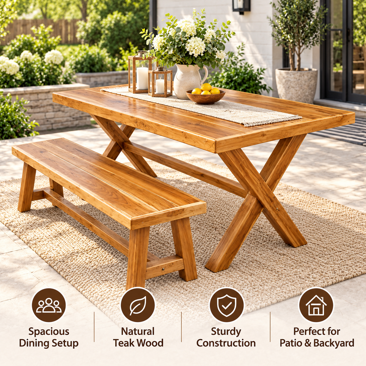 47" Teak Outdoor Dining Set – Rustic Farmhouse Wood Patio Table & Benches