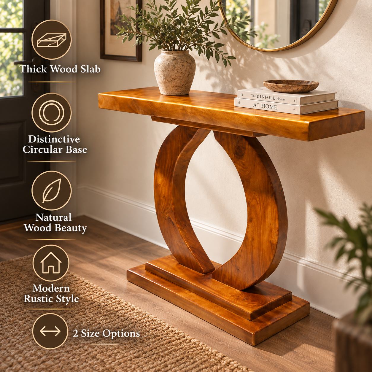 Solid Wood Console Table – 2" Thick Slab Table with Circular Base