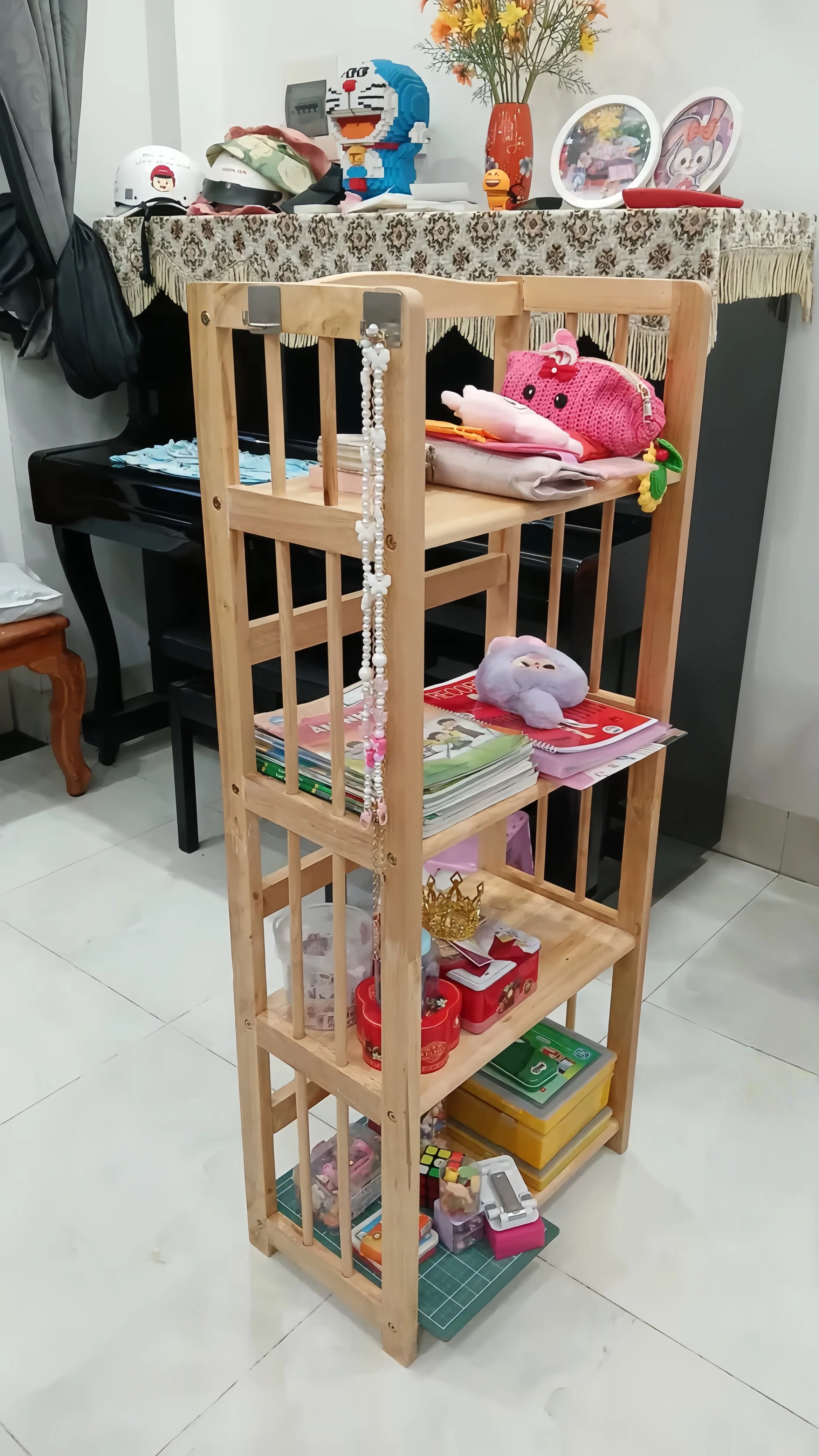 Solid Wood 4-Tier Open Bookshelf – Durable Rubberwood Display Rack for Living Room or Office