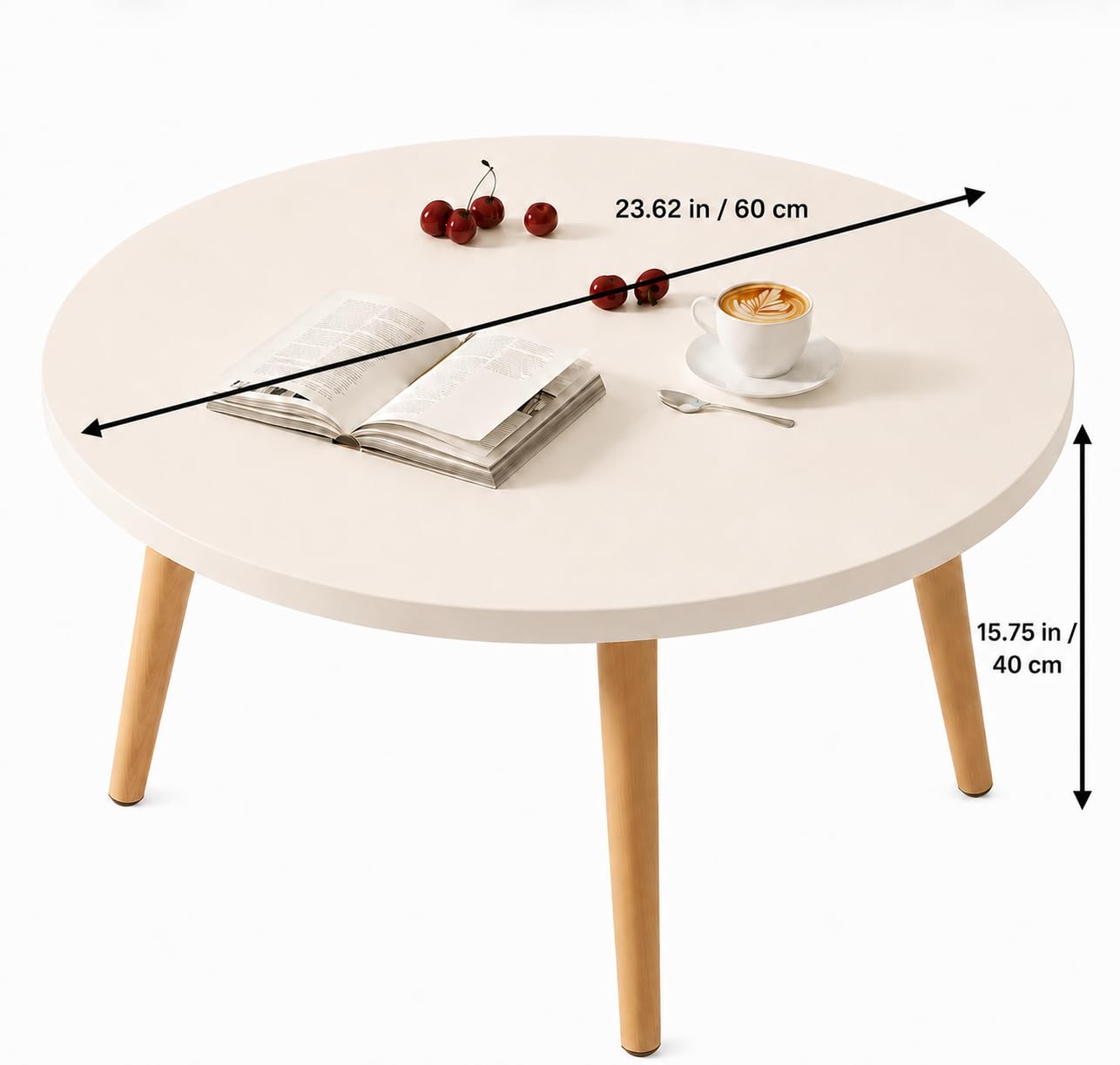 Round Coffee Table, 23.6" Modern Accent Tea Table with Wood Legs, Small Center Table for Living Room, Bedroom, Apartment, Easy Assembly, White