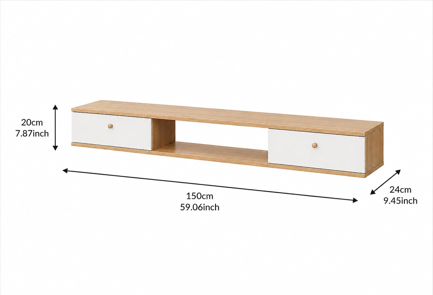 Kikbo Floating TV Stand Wall Mounted, Modern Nordic Wood TV Console with 2 Drawers, Space Saving Entertainment Center for Living Room Bedroom, 59”/150cm