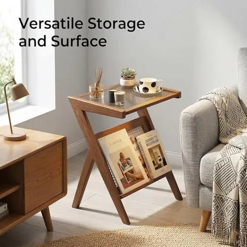 End Table with Magazine Rack, Wooden Side Table with Storage Shelf for Living Room and Sofa, Small Accent Table for Bedroom