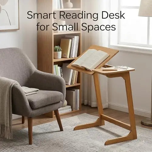 Adjustable Tilting Laptop Table for Bed and Sofa, Wooden Bedside Desk with Angle Adjustable Desktop, Small Side Table for Reading, Laptop and Home Office