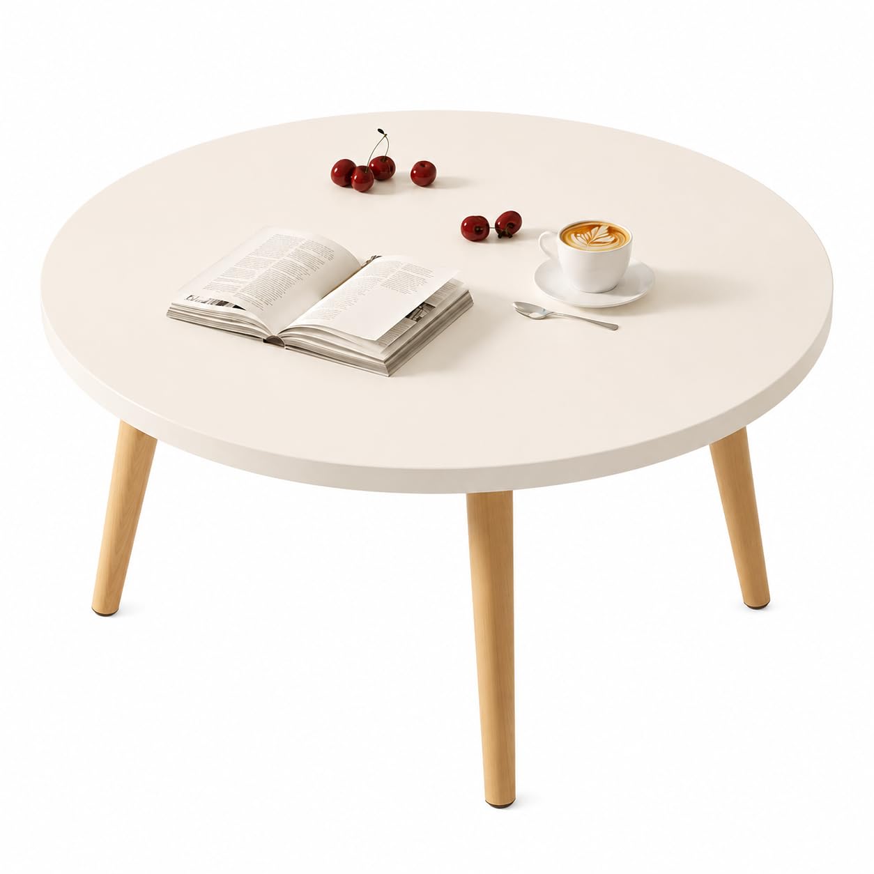 Round Coffee Table, 23.6" Modern Accent Tea Table with Wood Legs, Small Center Table for Living Room, Bedroom, Apartment, Easy Assembly, White