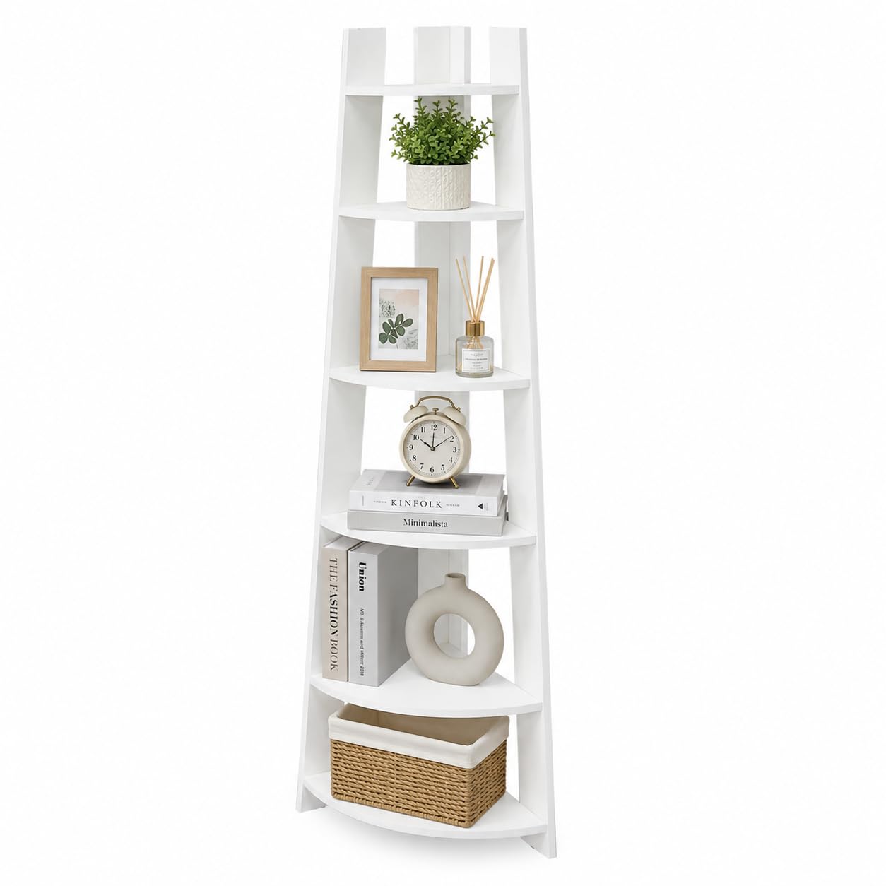 5-Tier Corner Shelf Stand, Space Saving Wooden Corner Storage Rack, Freestanding Display Bookshelf Organizer for Living Room, Bedroom, Bathroom, Office, Small Spaces, White