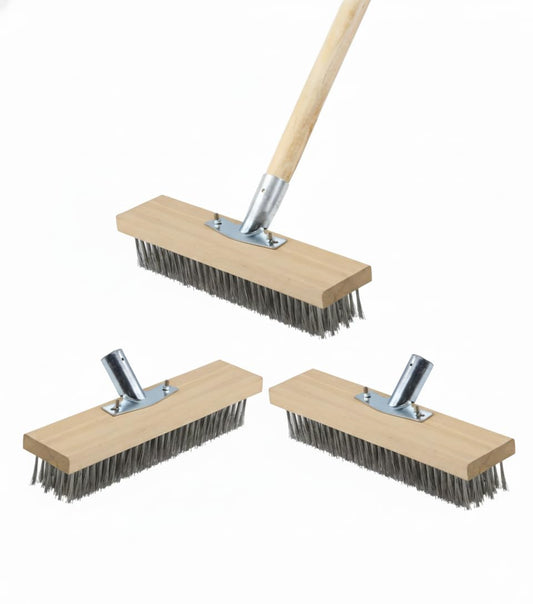 Stainless Steel Wire Scrub Brush 11.8in / 30cm Set 3 Heads + 1 Hardwood Handle for Deck, Concrete, Patio Floor Cleaning, 45'' Handle Heavy Duty Stiff Metal Bristle Scrubber Broom Outdoor Moss Removal
