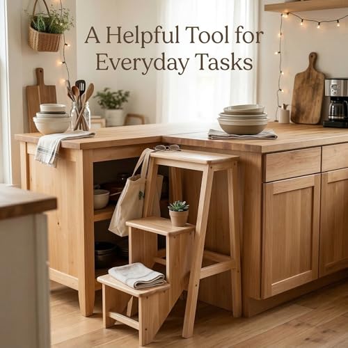 Folding 3-Step Wooden Ladder Stool, Multi-Purpose Step Stool Chair for Kitchen, Home or Office, Space-Saving Step Ladder